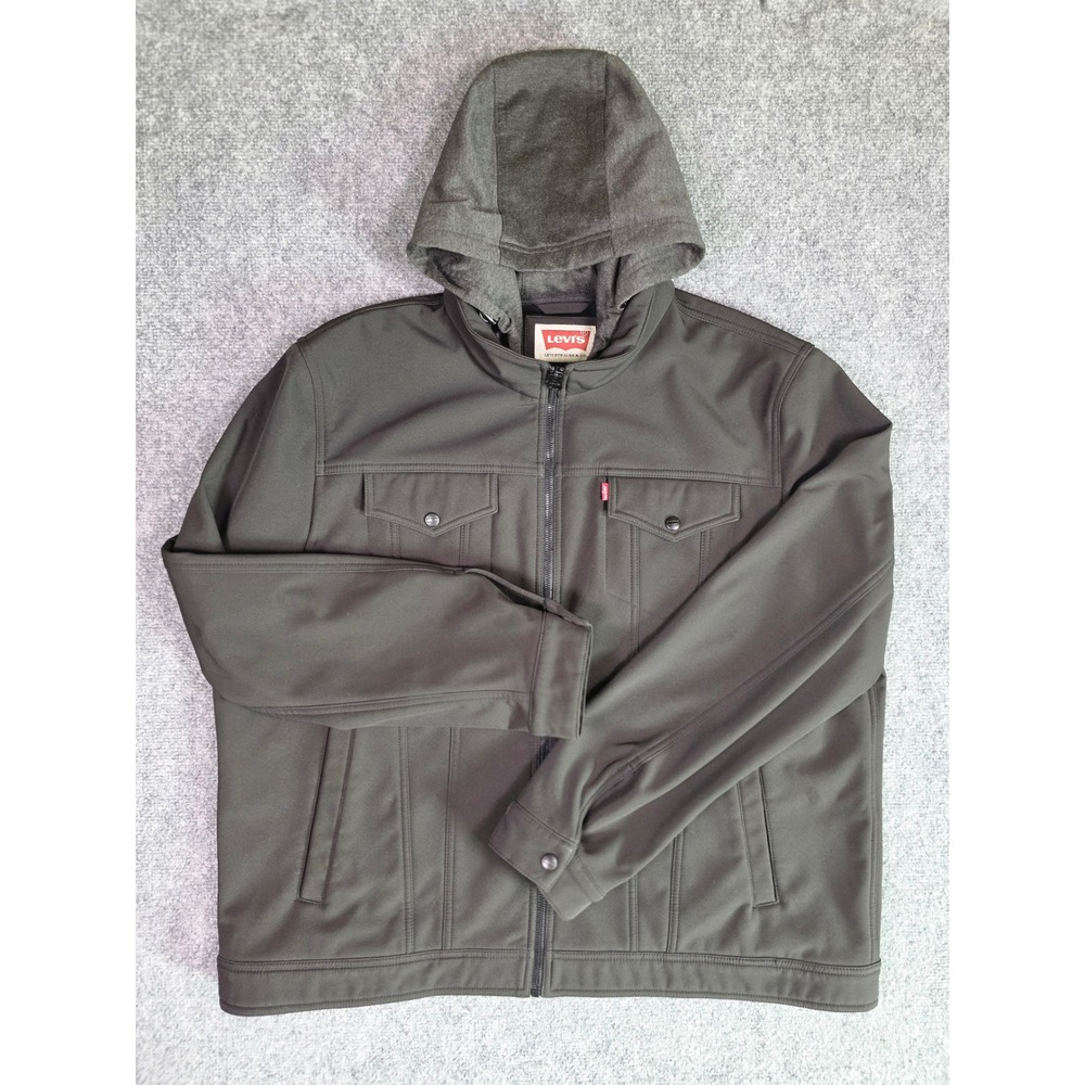 Levi's Softshell Hooded Trucker Jacket Mens XL Olive Green Full Zip Fleece Lined